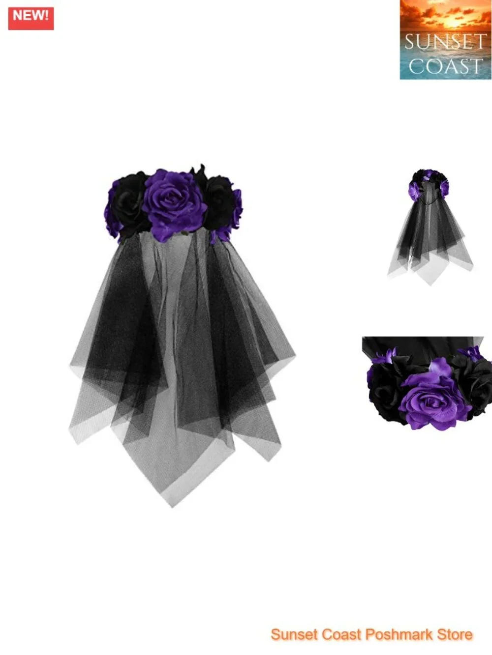 Floral Crown Headband with Veil - Halloween Day of Dead Costume Accessory